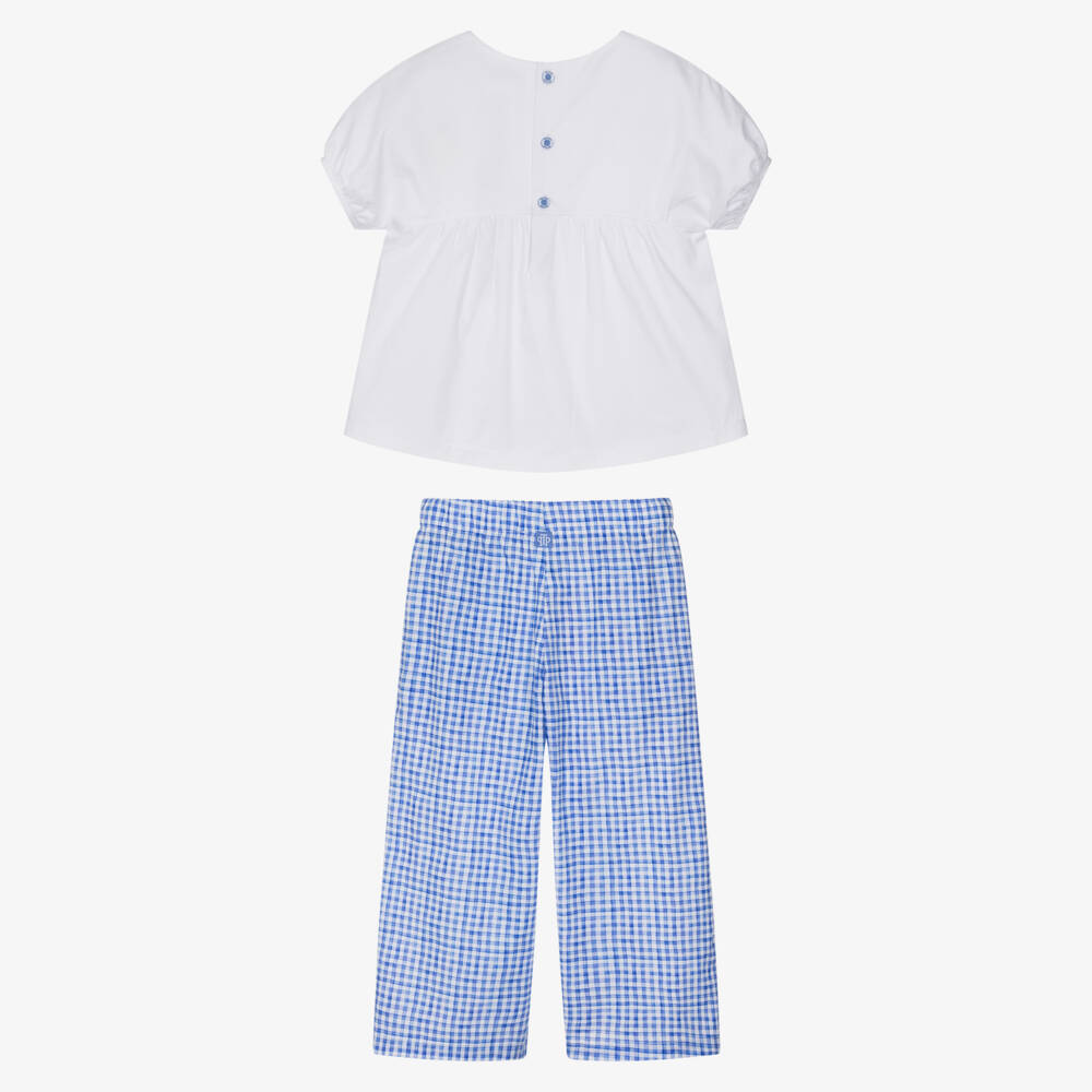 Tutto Piccolo-Girls White Blouse & Blue Gingham Trouser Set | Childrensalon Outlet