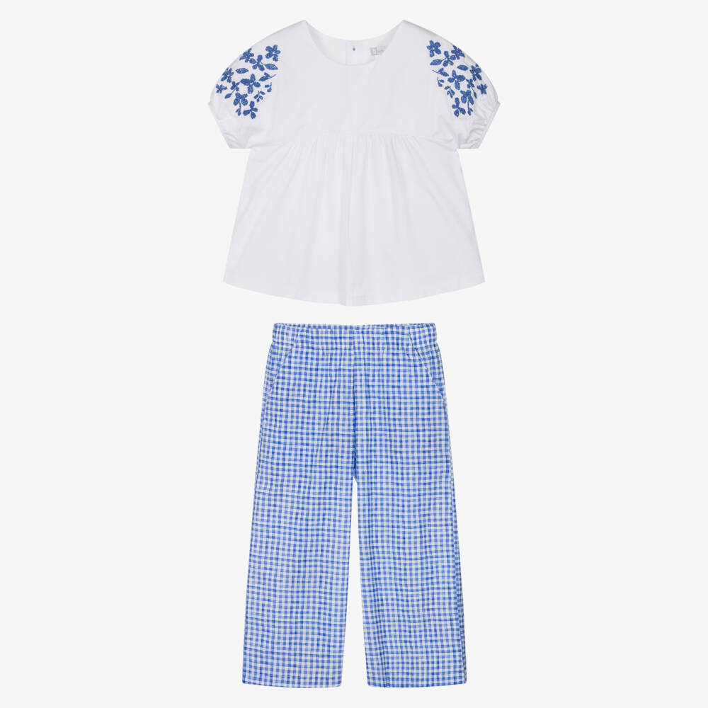 Tutto Piccolo-Girls White Blouse & Blue Gingham Trouser Set | Childrensalon Outlet