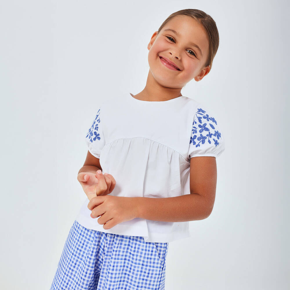 Tutto Piccolo-Girls White Blouse & Blue Gingham Trouser Set | Childrensalon Outlet