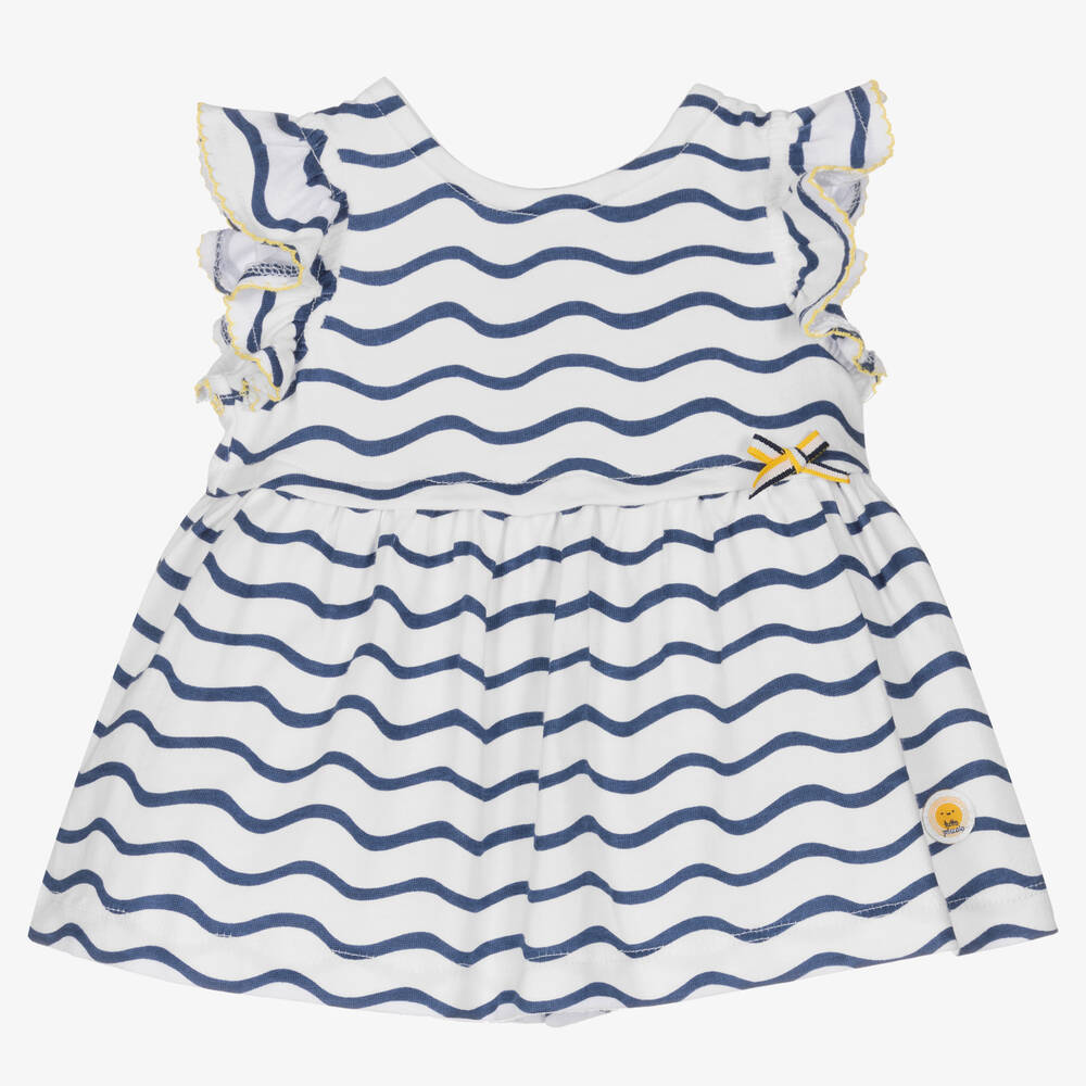 Tutto Piccolo - Girls White & Blue Stripe Cotton Dress | Childrensalon
