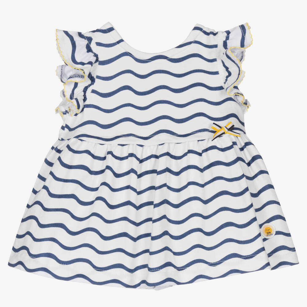 Tutto Piccolo-Girls White & Blue Stripe Cotton Dress | Childrensalon Outlet