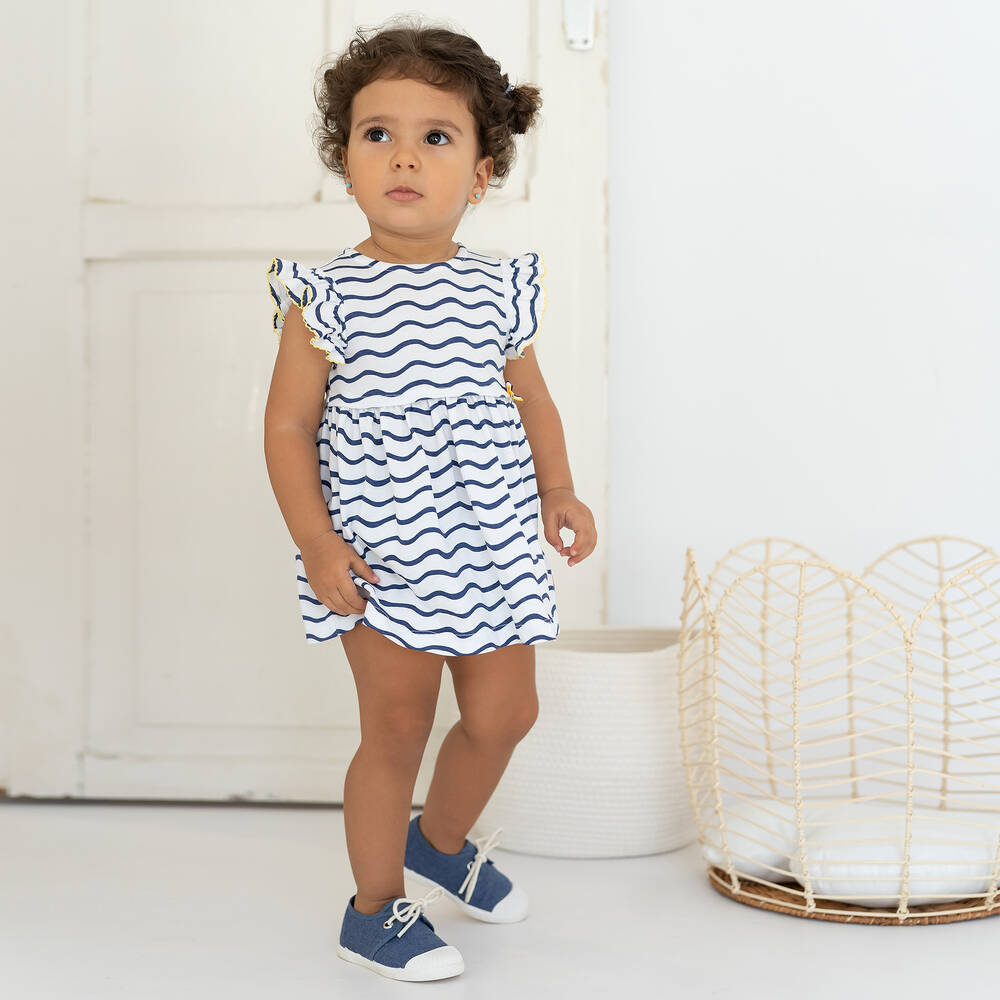 Tutto Piccolo-فستان أطفال بناتي قطن مقلم لون أبيض وكحلي | Childrensalon Outlet