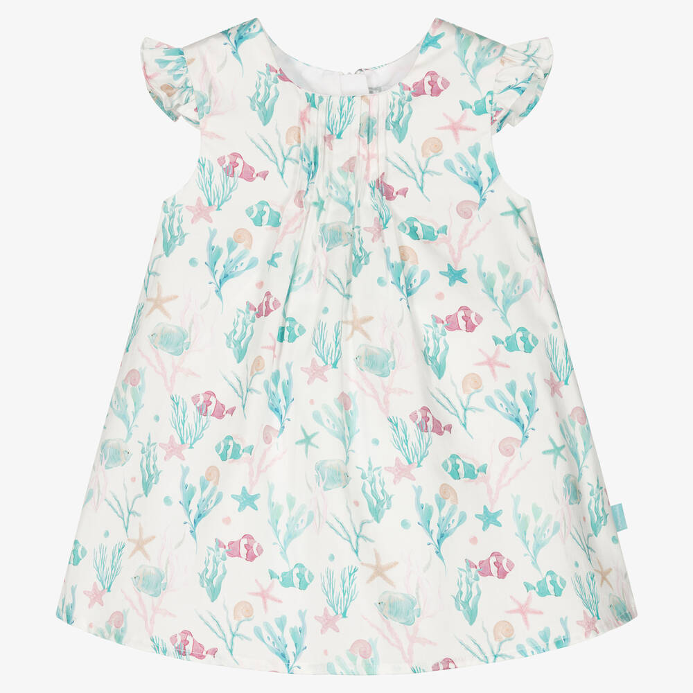 Tutto Piccolo - Girls White & Green Cotton Dress | Childrensalon