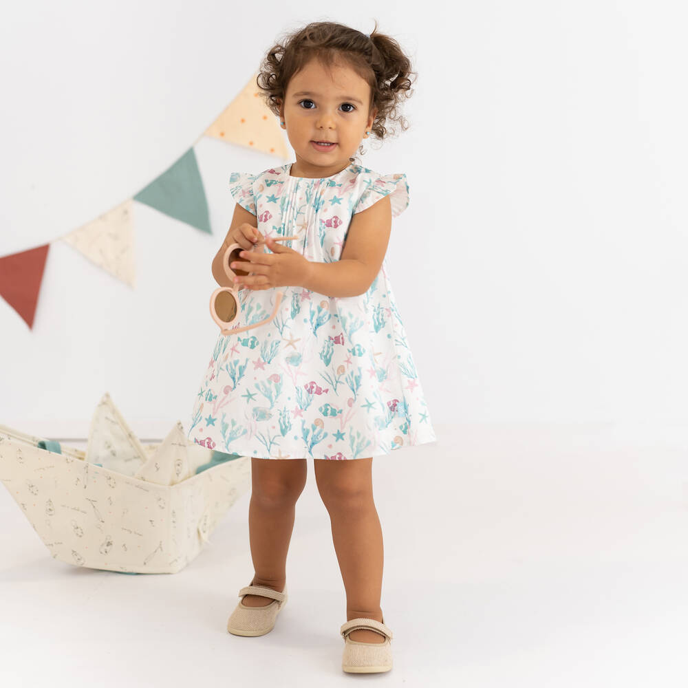 Tutto Piccolo-Бело-зеленое хлопковое платье | Childrensalon Outlet