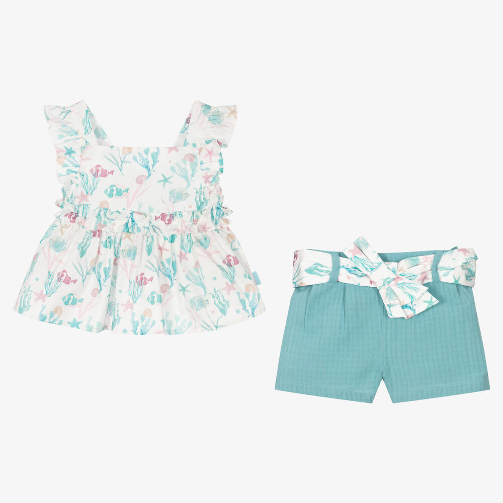 Tutto Piccolo-Girls White & Green Cotton Shorts Set | Childrensalon Outlet