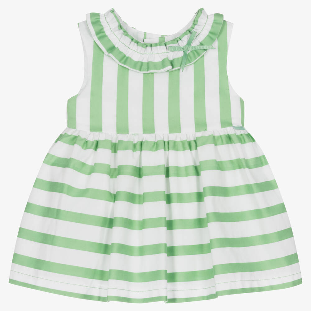 Tutto Piccolo - Girls White & Green Stripe Cotton Dress | Childrensalon