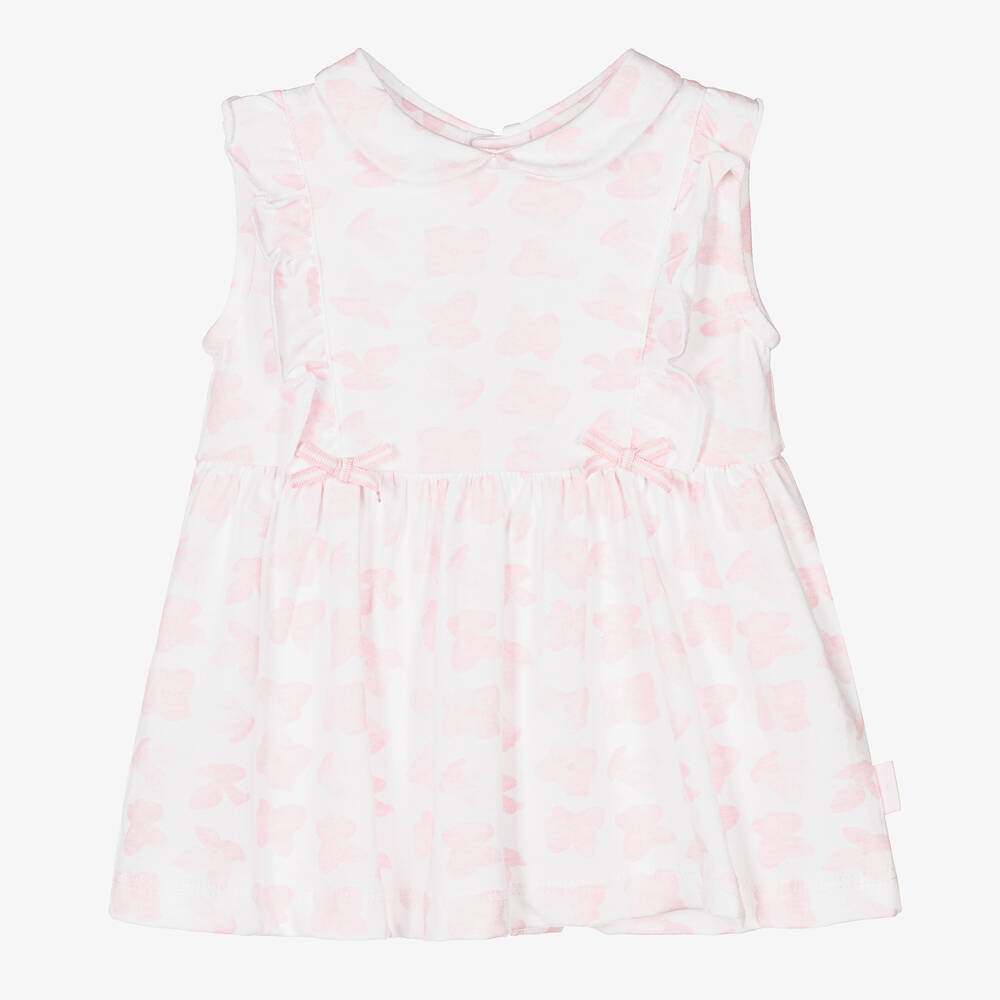 Tutto Piccolo - فستان قطن جيرسي لون أبيض وزهري بطبعة ورود | Childrensalon