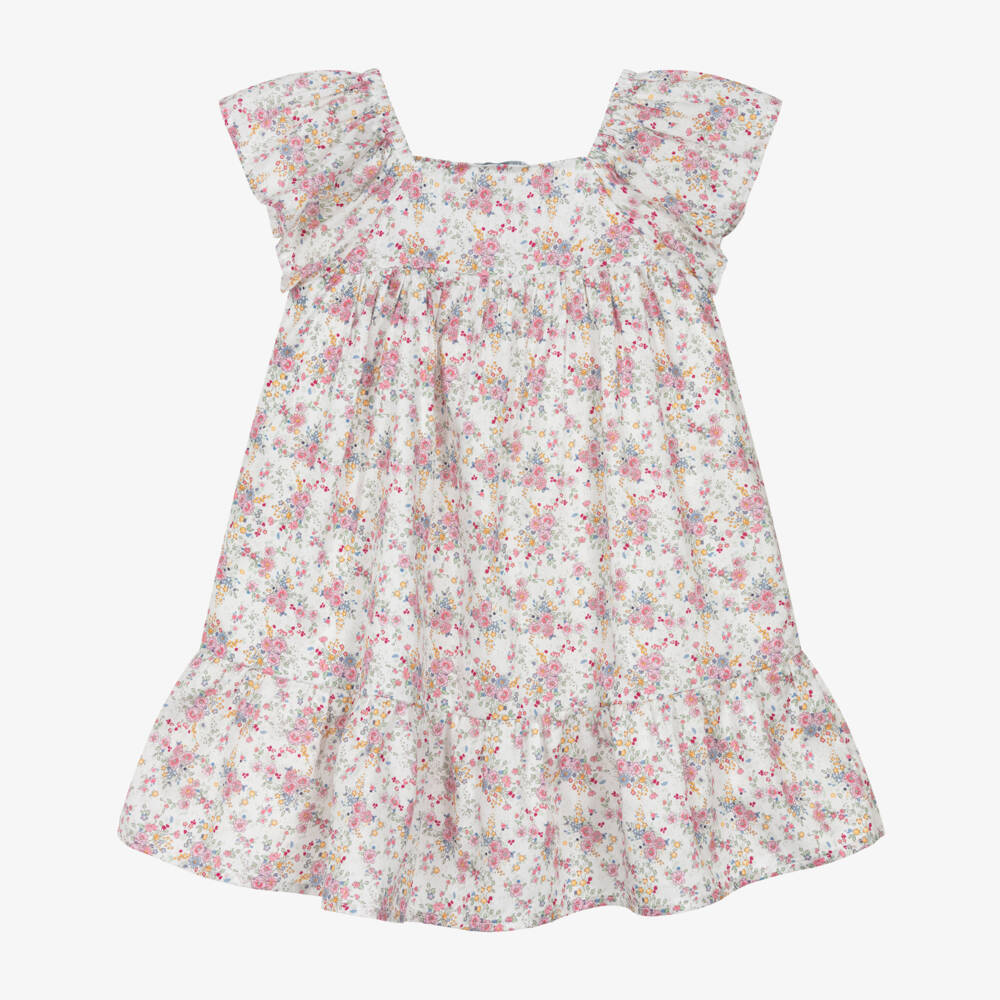 Tutto Piccolo-Girls White & Pink Floral Cotton Dress with Shirred Bodice | Childrensalon Outlet
