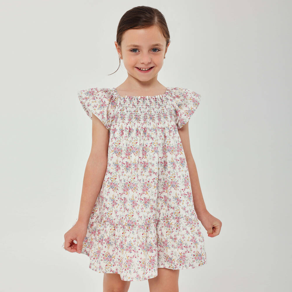 Tutto Piccolo-Girls White & Pink Floral Cotton Dress with Shirred Bodice | Childrensalon Outlet