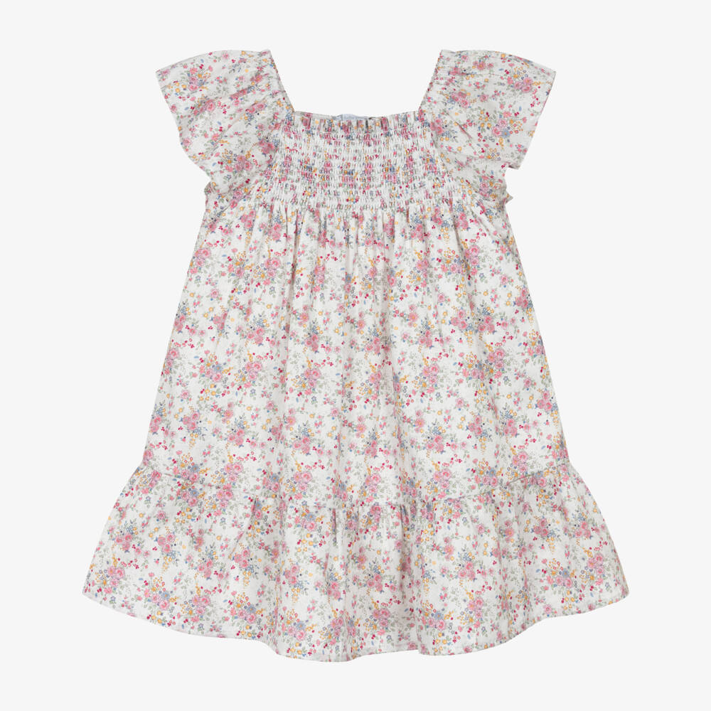 Tutto Piccolo-Girls White & Pink Floral Cotton Dress with Shirred Bodice | Childrensalon Outlet