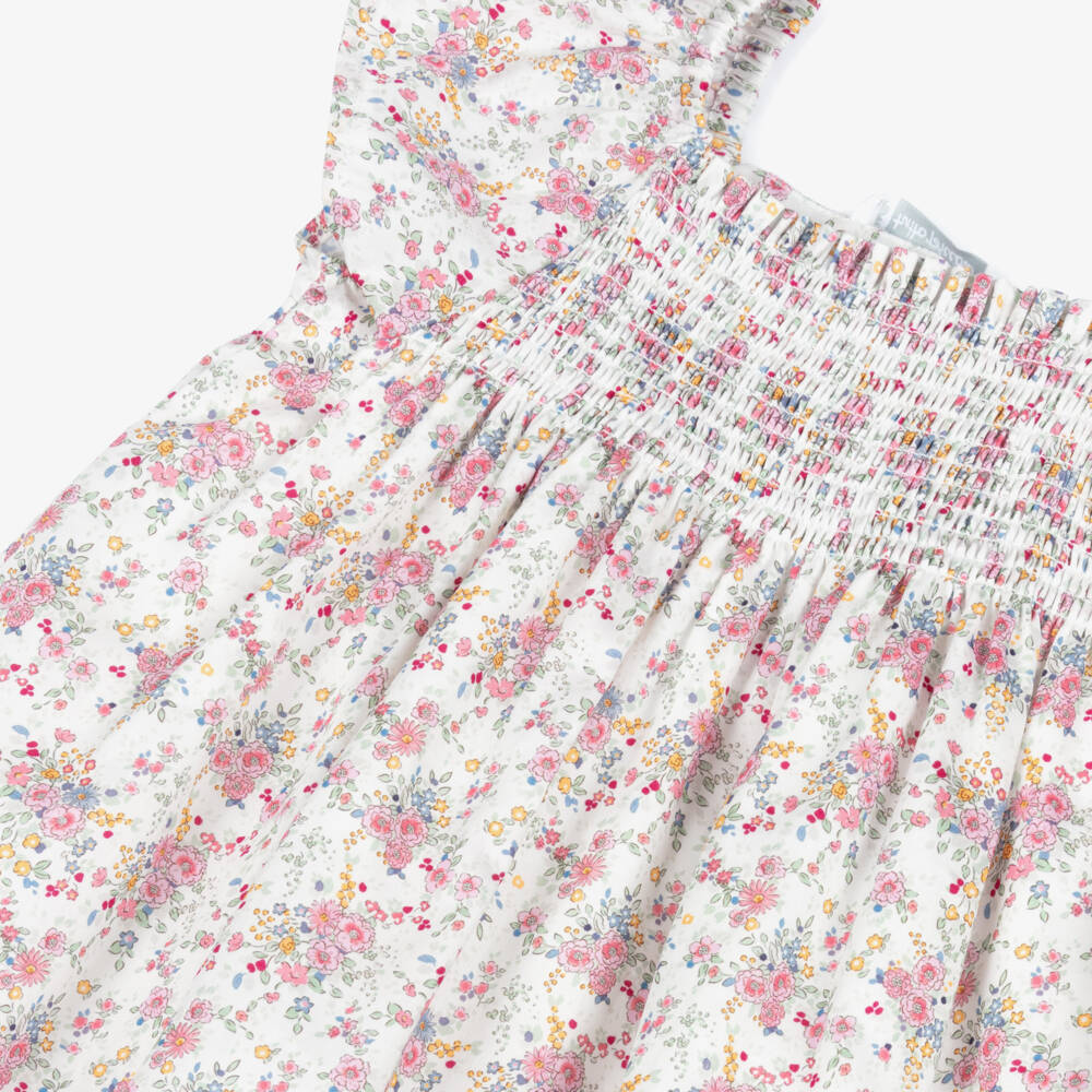 Tutto Piccolo-Girls White & Pink Floral Cotton Dress with Shirred Bodice | Childrensalon Outlet