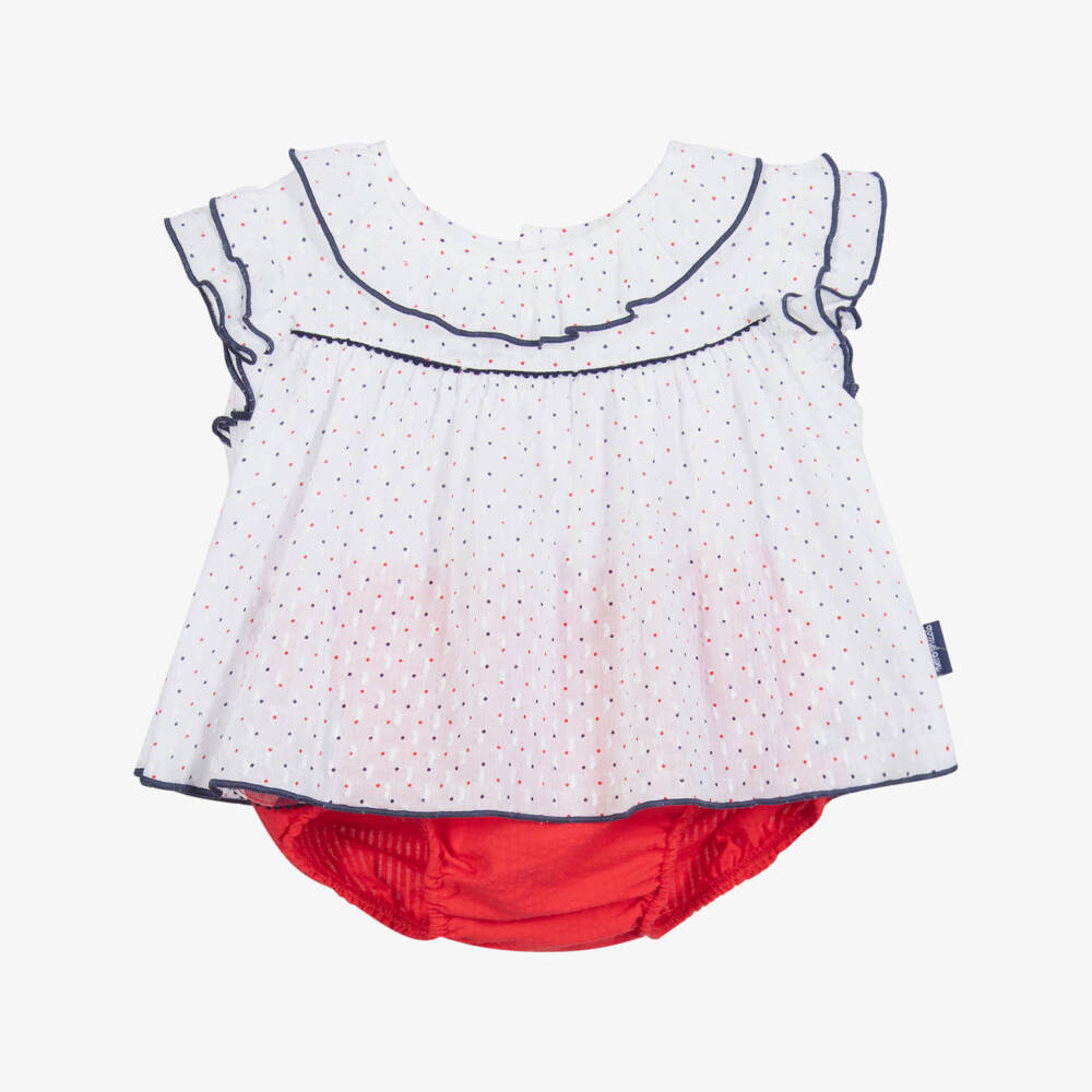 Tutto Piccolo-طقم شورت وبلوز قطن لون أبيض وأحمر للبنات | Childrensalon Outlet