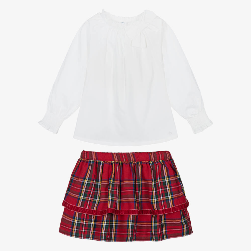 Tutto Piccolo-Girls White & Red Tartan Tiered Skirt Set | Childrensalon Outlet