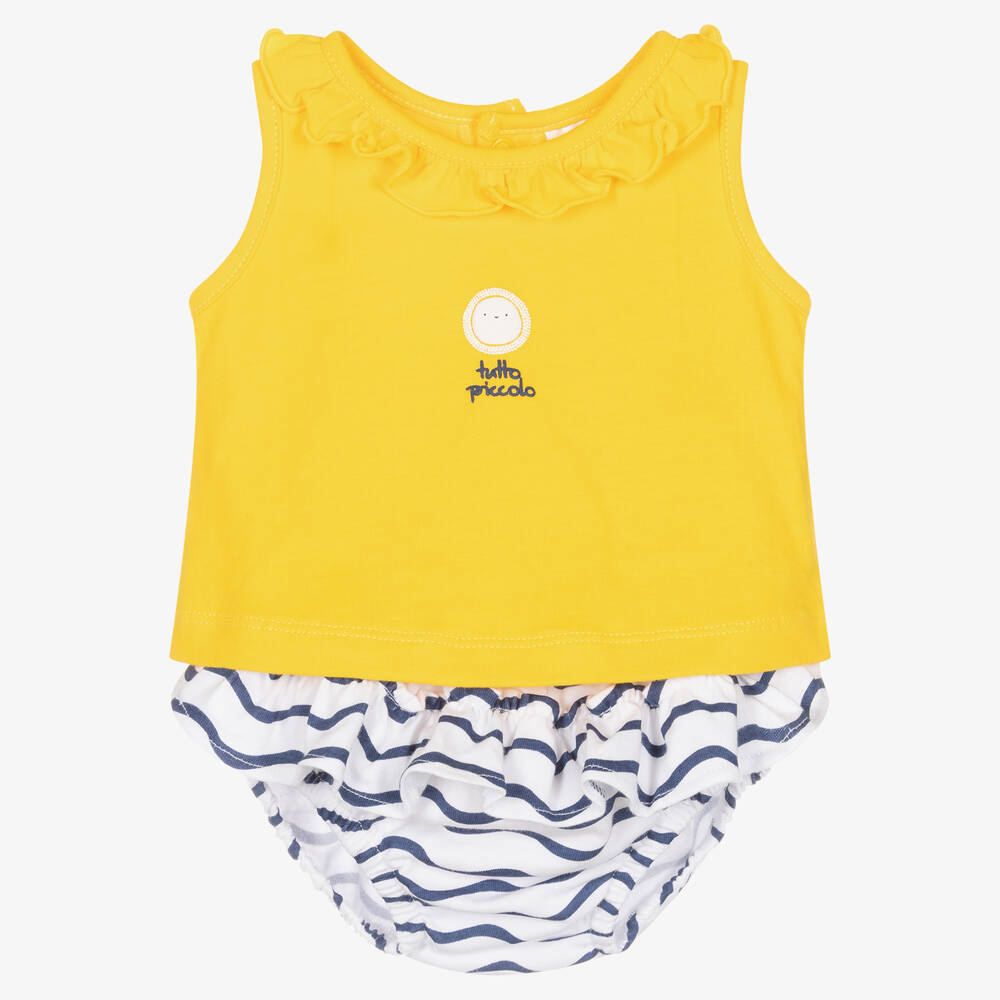 Tutto Piccolo - Girls Yellow & Blue Stripe Cotton Shorts Set | Childrensalon