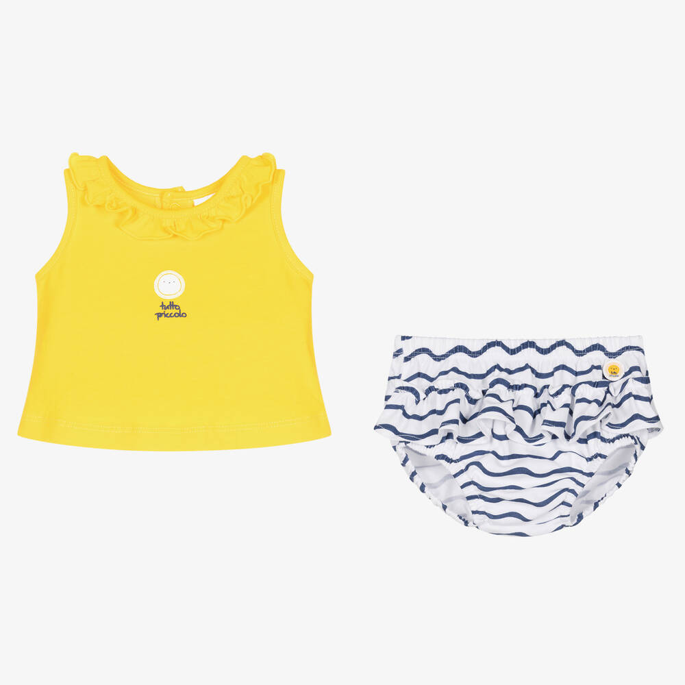 Tutto Piccolo-Желтый топ и шорты в синюю полоску из хлопка | Childrensalon Outlet