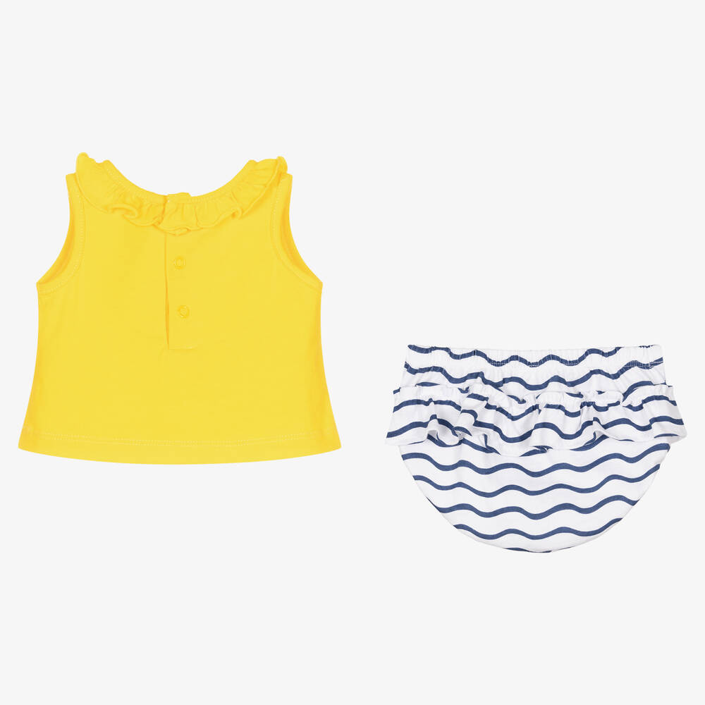 Tutto Piccolo-Желтый топ и шорты в синюю полоску из хлопка | Childrensalon Outlet