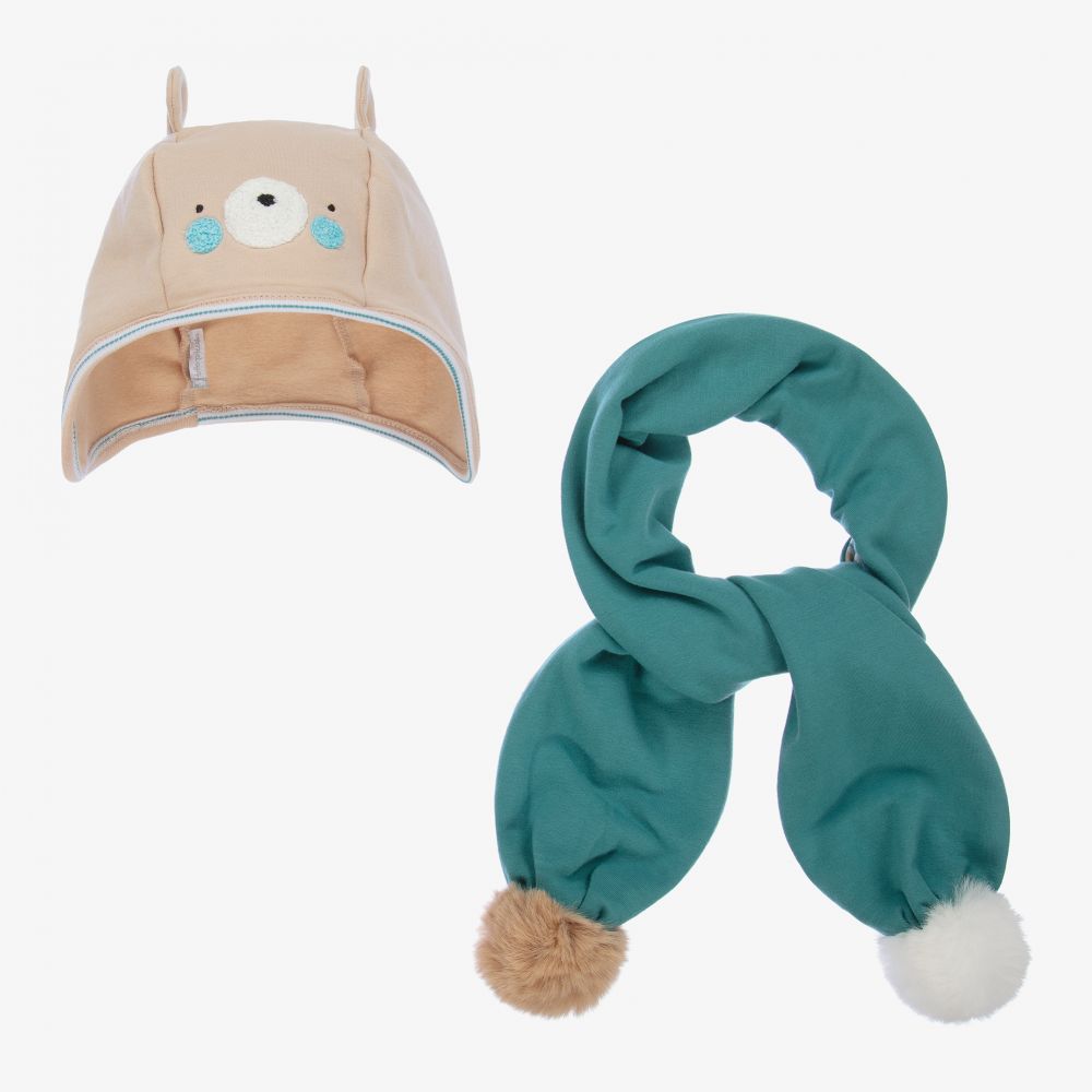 Tutto Piccolo - Бежевая шапка с зеленым шарфом из хлопка | Childrensalon