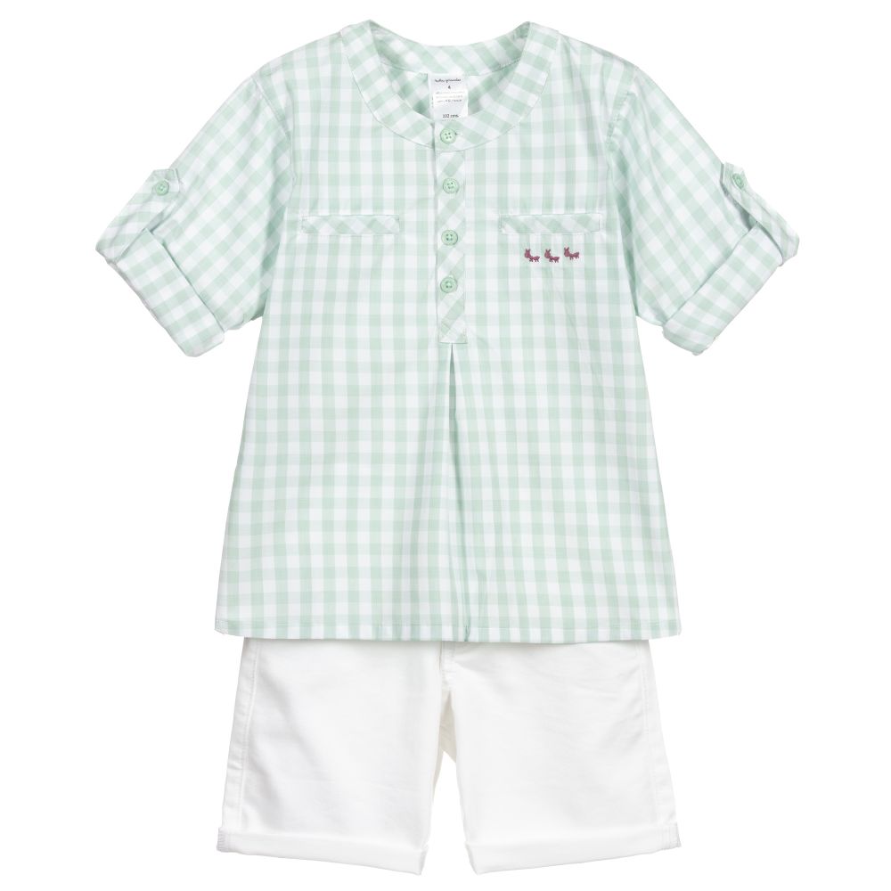 Tutto Piccolo-Зеленая рубашка в клетку и белые шорты | Childrensalon Outlet