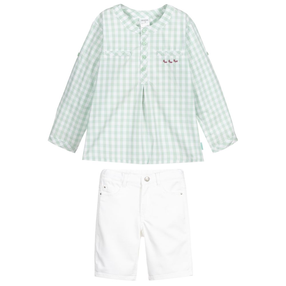 Tutto Piccolo-Зеленая рубашка в клетку и белые шорты | Childrensalon Outlet