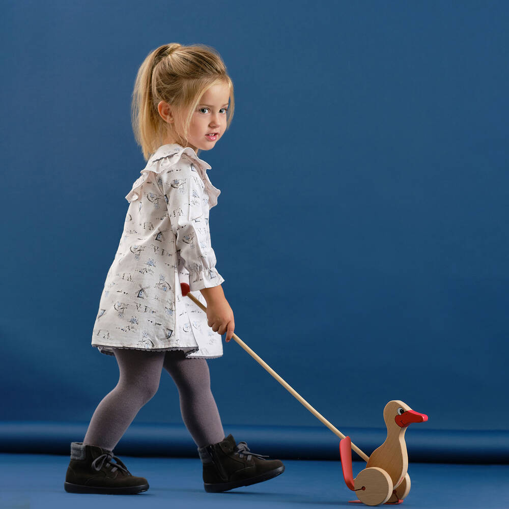 Tutto Piccolo-فستان وكولون مزيج قطن لون عاجي ورمادي | Childrensalon Outlet