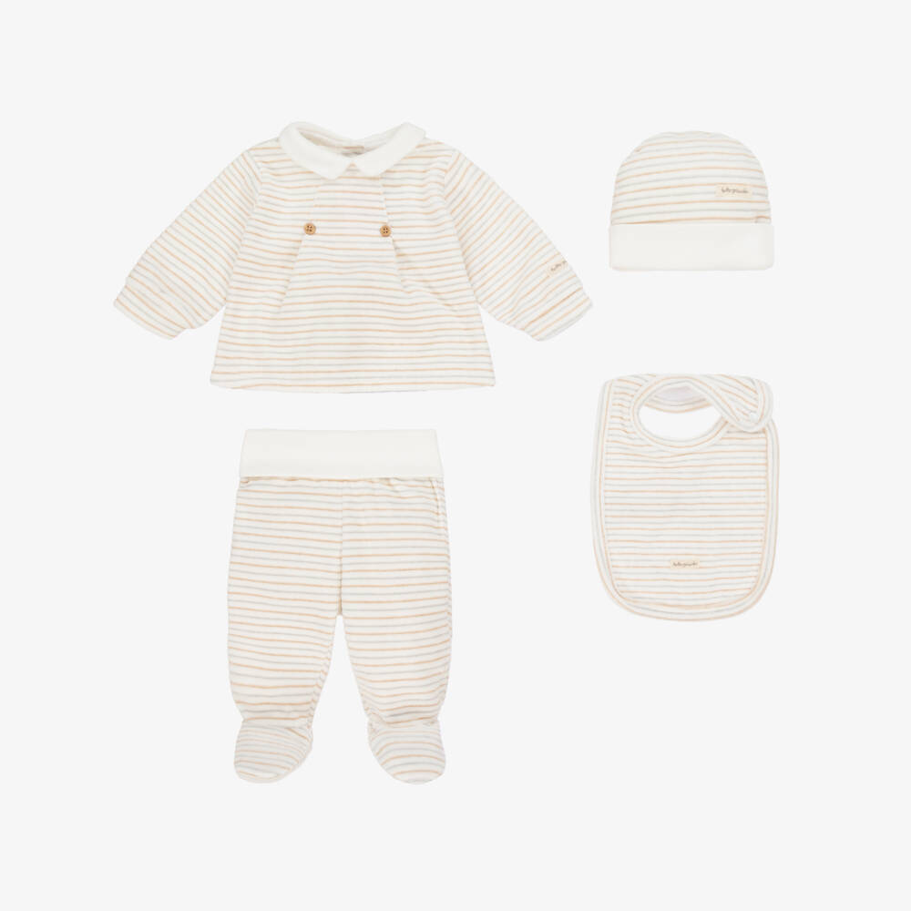 Tutto Piccolo-Кремовый полосатый велюровый комплект для новорожденных | Childrensalon Outlet