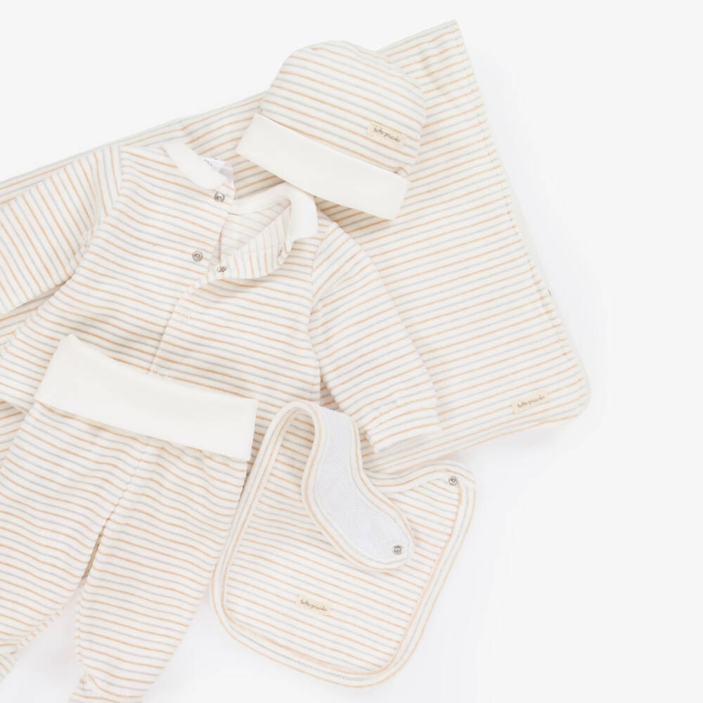 Tutto Piccolo-Кремовый полосатый велюровый комплект для новорожденных | Childrensalon Outlet