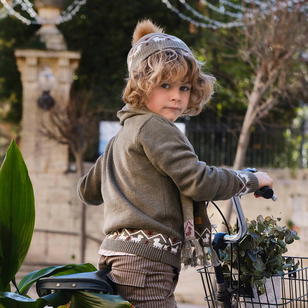 Tutto Piccolo-طقم قبعة وسكارف قطن وأكريليك لون أخضر كاكي للأولاد | Childrensalon Outlet