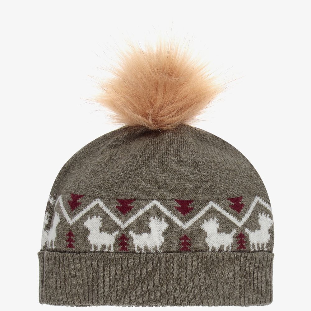 Tutto Piccolo-طقم قبعة وسكارف قطن وأكريليك لون أخضر كاكي للأولاد | Childrensalon Outlet