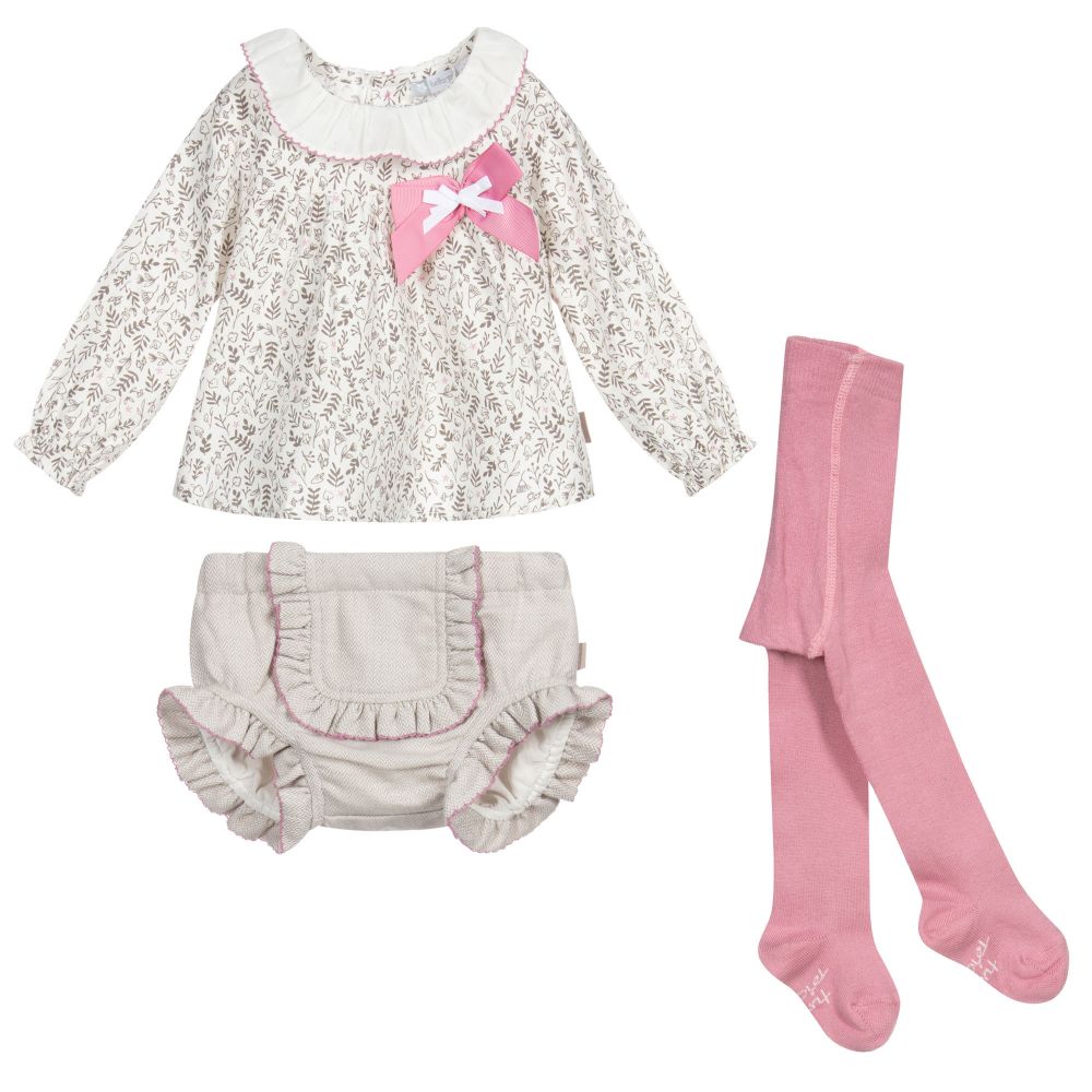 Tutto Piccolo-طقم شورت 3 قطع أطفال بناتي قطن لون زهري وبيج | Childrensalon Outlet