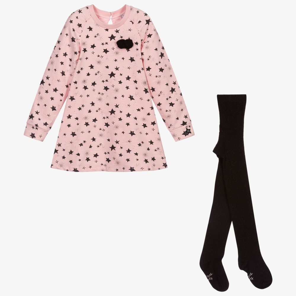 Tutto Piccolo-طقم فستان قطن جيرسي لون زهري وأسود | Childrensalon Outlet