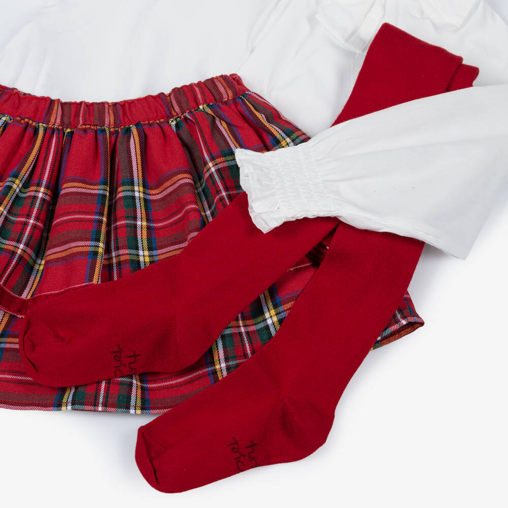 Tutto Piccolo-Red And White 3 Piece Tartan Skirt Set | Childrensalon Outlet