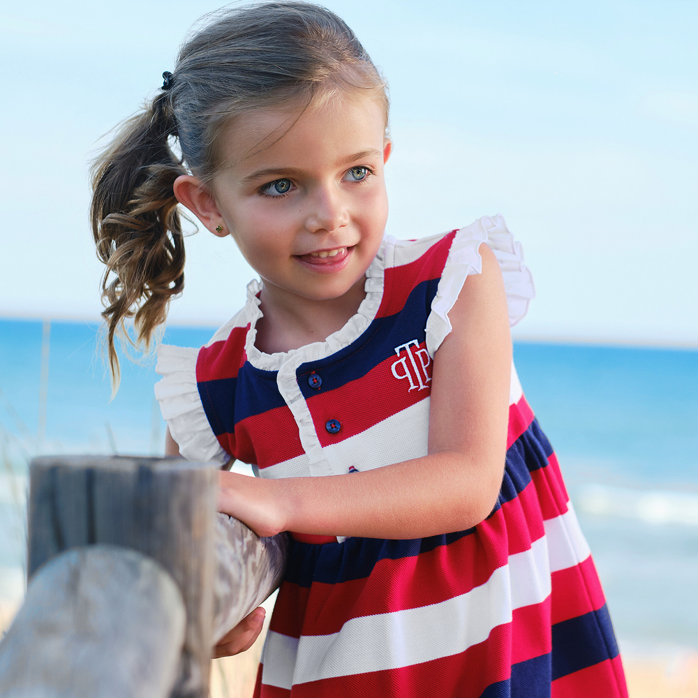 Red blue and white striped dress discount