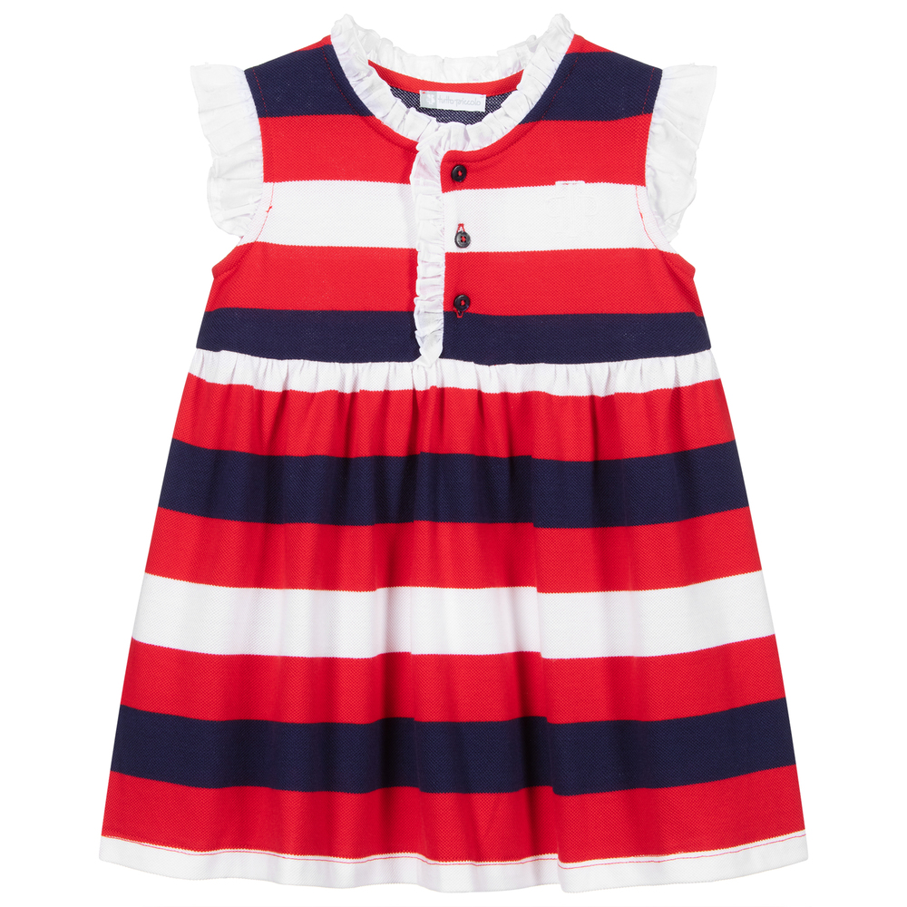 Tutto Piccolo - فستان قطن بيكيه لون أحمر وأزرق وأبيض  | Childrensalon