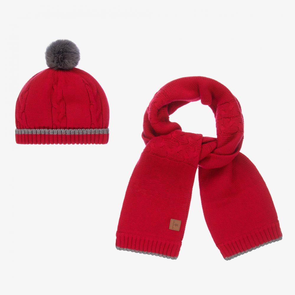 Tutto Piccolo - طقم قبعة وسكارف قطن محبوك لون أحمر للأولاد | Childrensalon