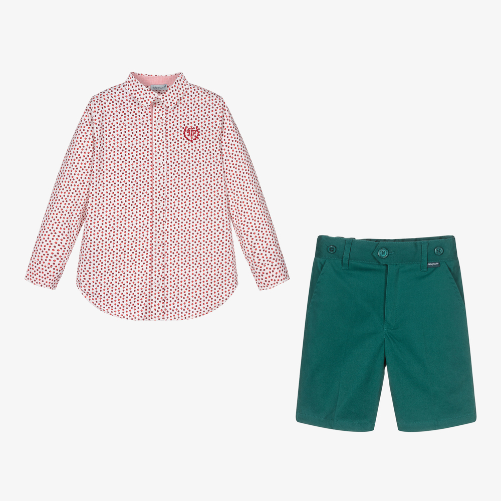 Tutto Piccolo-Красная рубашка и зеленые шорты из хлопка | Childrensalon Outlet