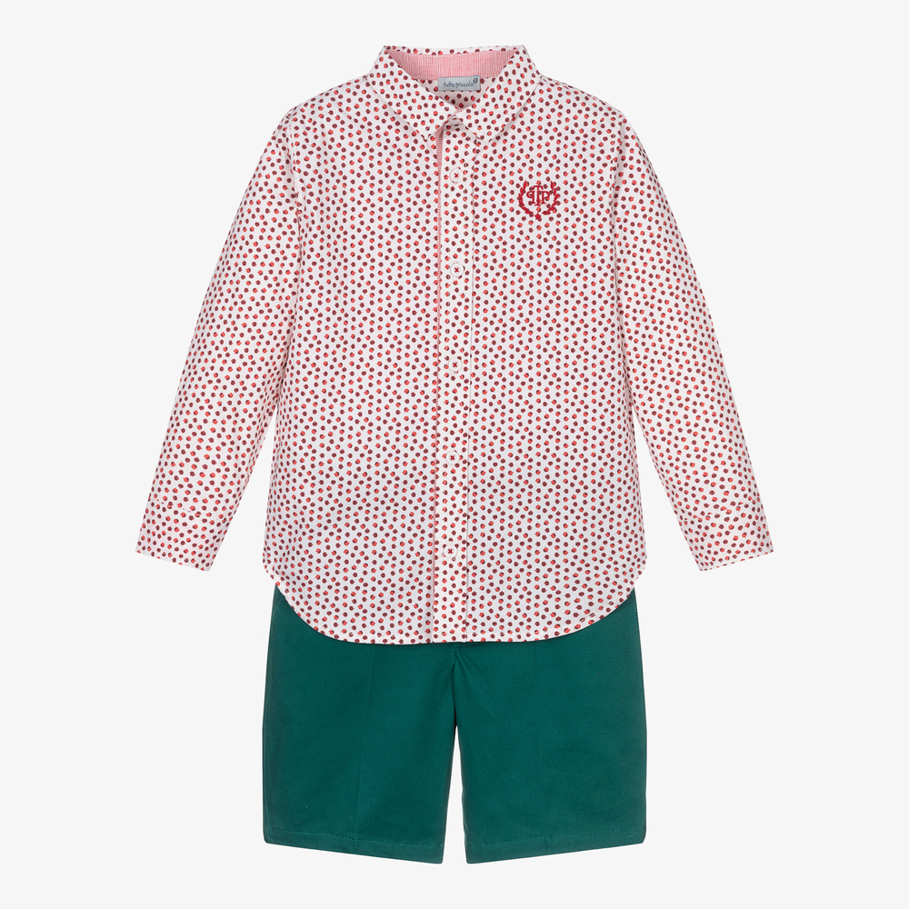 Tutto Piccolo - Красная рубашка и зеленые шорты из хлопка | Childrensalon