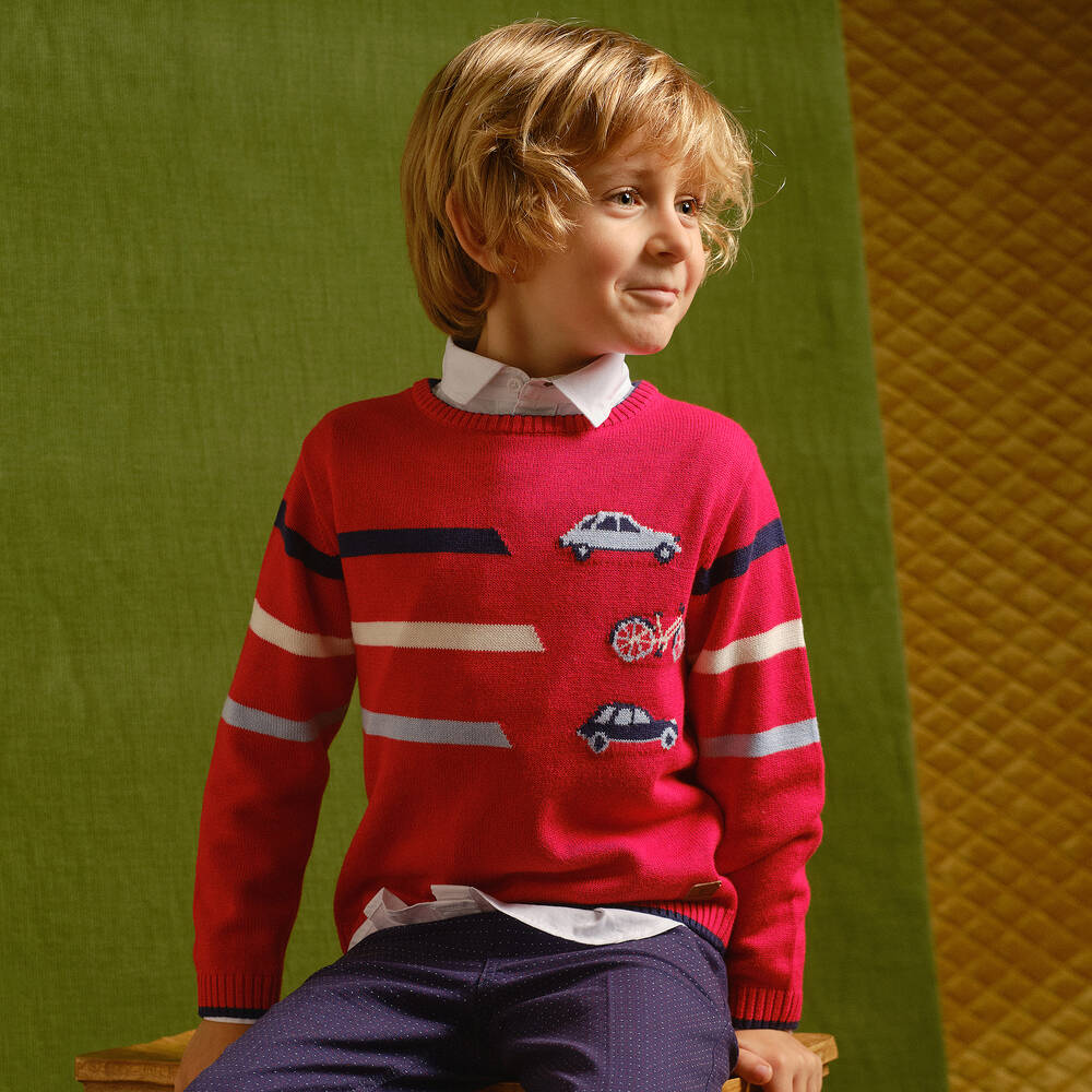 Tutto Piccolo-Красный вязаный свитер с машинками | Childrensalon Outlet
