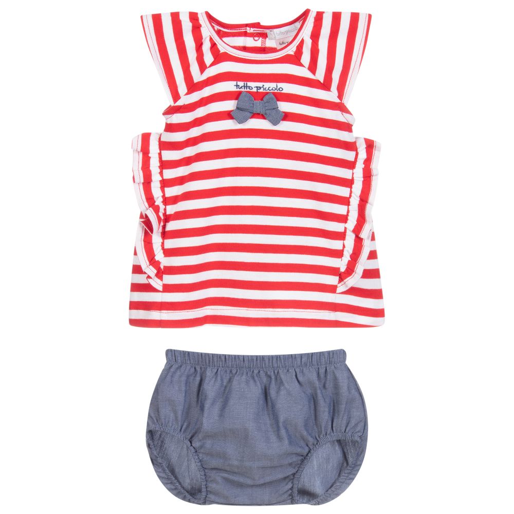 Tutto Piccolo-طقم فستان وسروال قطن جيرسي مقلم لون أحمر | Childrensalon Outlet