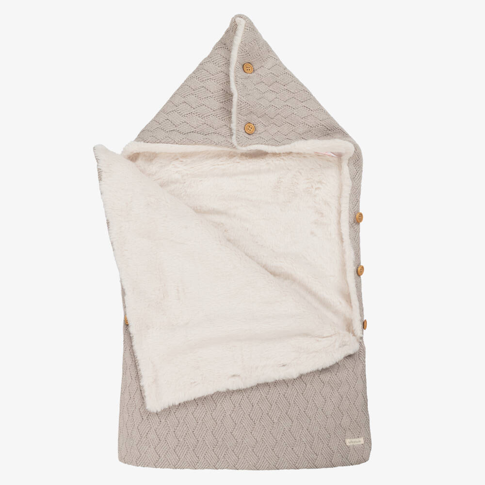 Tutto Piccolo-Taupe Cotton Knit Baby Nest with Faux Fur Lining (80cm) | Childrensalon Outlet