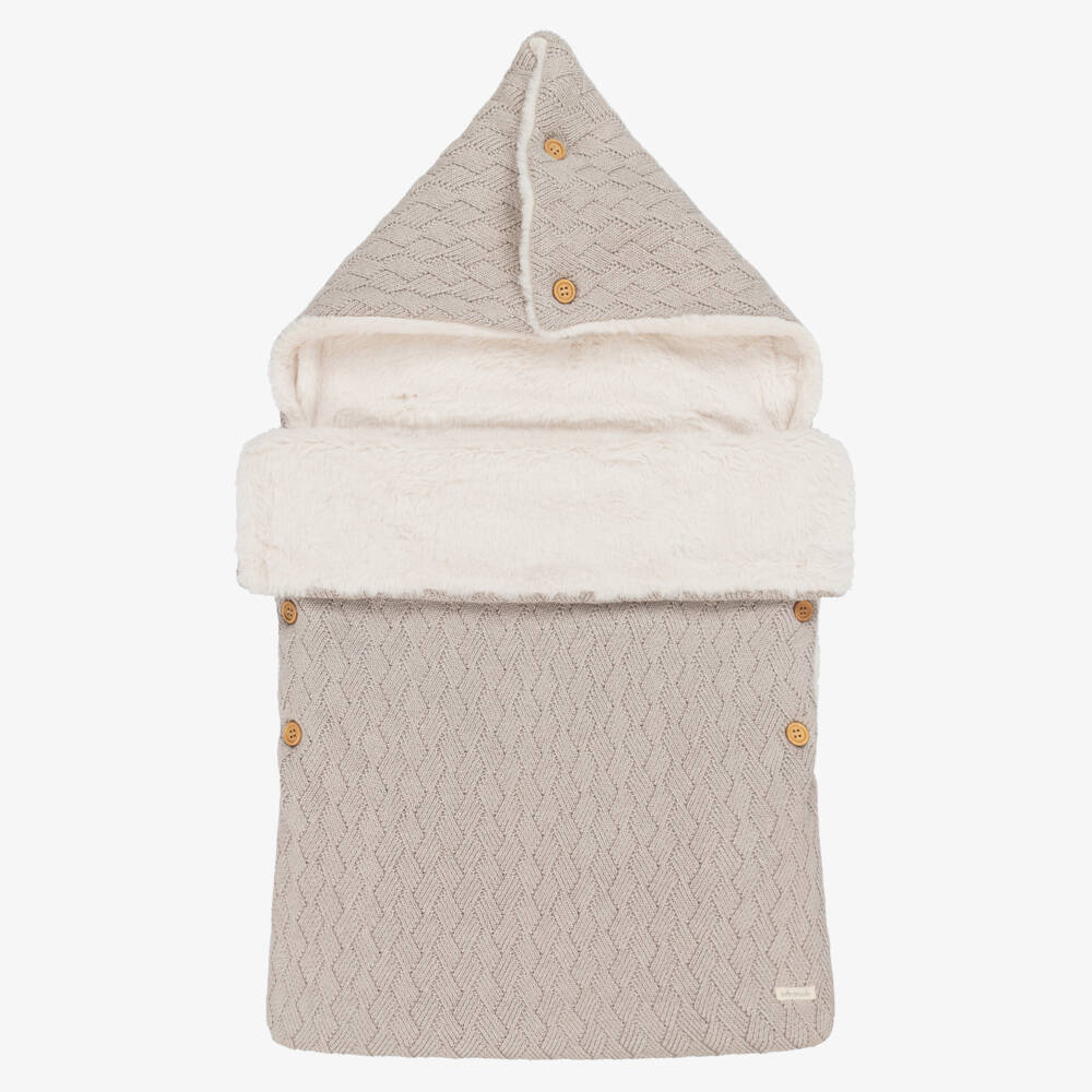 Tutto Piccolo-Taupe Cotton Knit Baby Nest with Faux Fur Lining (80cm) | Childrensalon Outlet