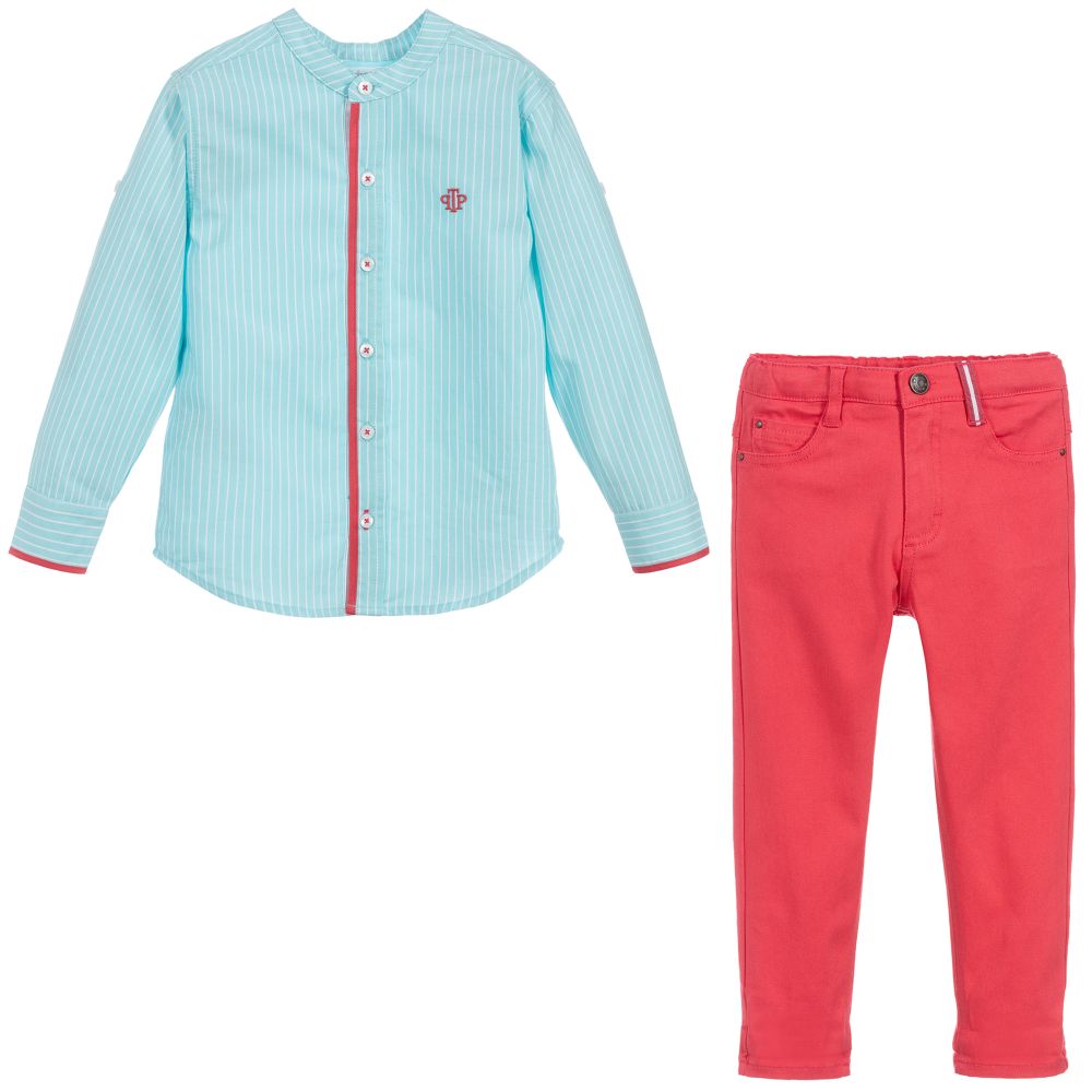 Tutto Piccolo - بنطلون وقميص قطن لون أزرق وأحمر للأولاد | Childrensalon