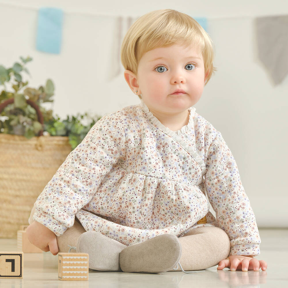 Tutto Piccolo-White & Beige Floral Dress Set | Childrensalon Outlet