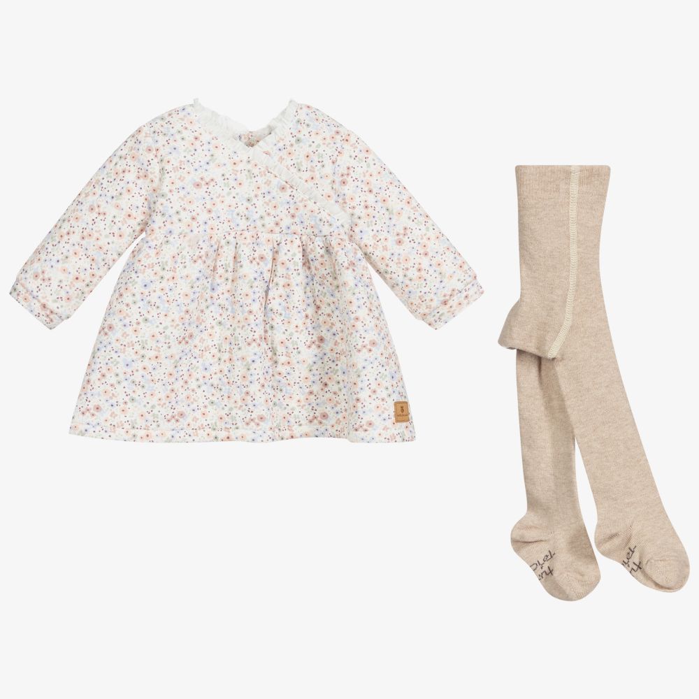 Tutto Piccolo-White & Beige Floral Dress Set | Childrensalon Outlet
