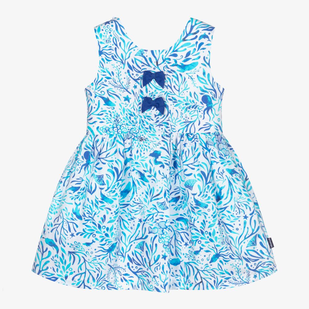 Tutto Piccolo-White & Blue Cotton Dress | Childrensalon Outlet
