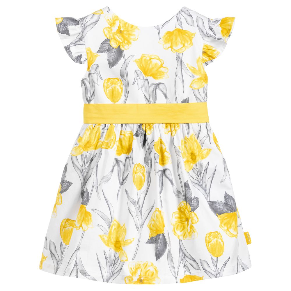 Tutto Piccolo - فستان قطن لون أبيض، أصفر ورمادي | Childrensalon