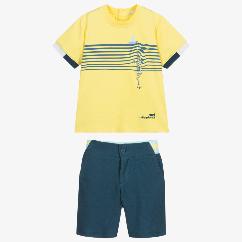 Tutto Piccolo-طقم شورت وتوب قطن لون أصفر وأزرق للأولاد | Childrensalon Outlet