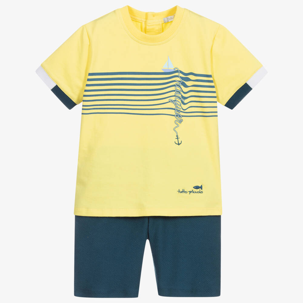 Tutto Piccolo-طقم شورت وتوب قطن لون أصفر وأزرق للأولاد | Childrensalon Outlet