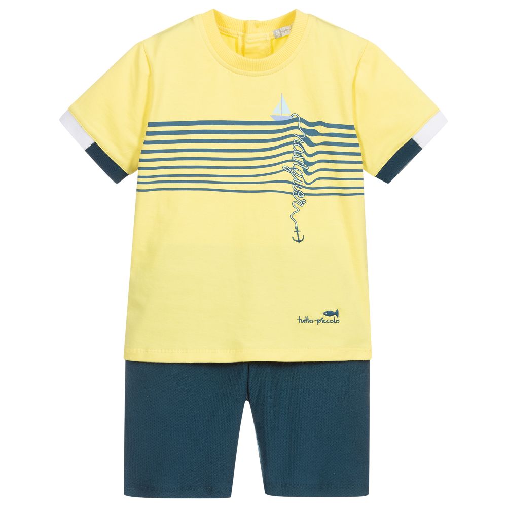 Tutto Piccolo-طقم شورت وتوب قطن لون أصفر وأزرق للأولاد | Childrensalon Outlet