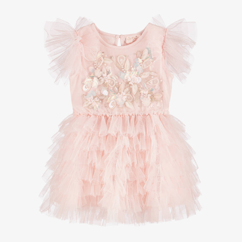 Tutu du Monde-Baby Girls Pale Pink Tulle Dress with Beads & Sequin Flowers | Childrensalon Outlet