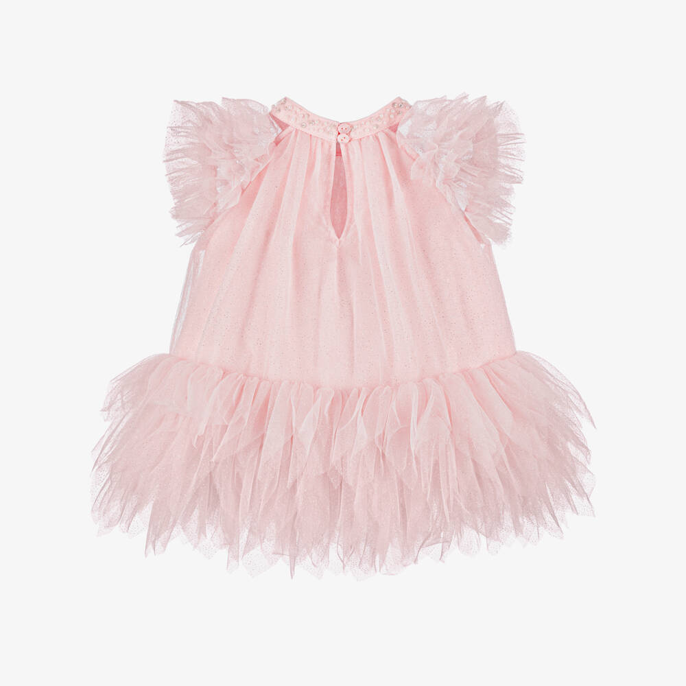 Tutu du Monde-Baby Girls Pink Glitter Tulle Dress with Pearl & Diamanté Collar | Childrensalon Outlet